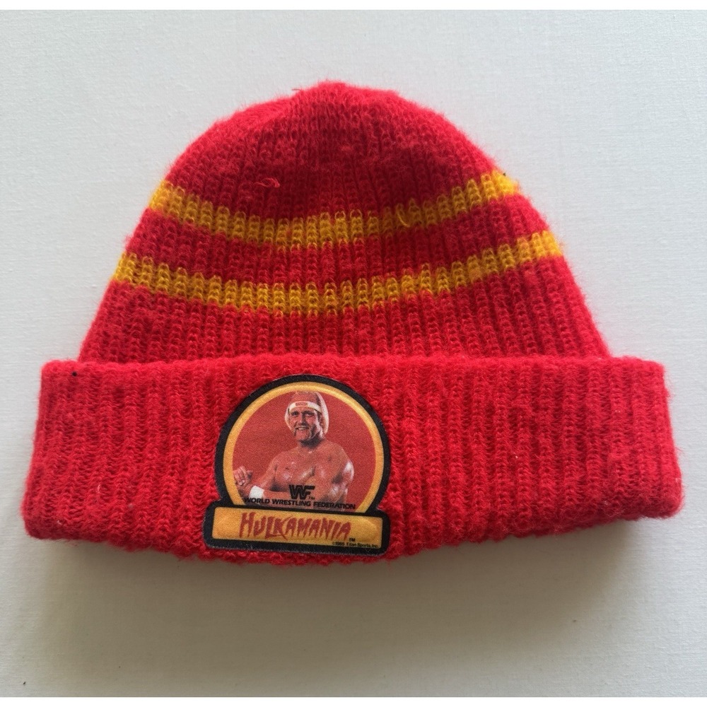 Vintage 1988 WWF Hulk Hogan Beanie Hat Red Yellow Titan Sports Wrestling USA